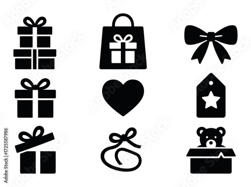 Set of black gift icons with heart and bow in dark background