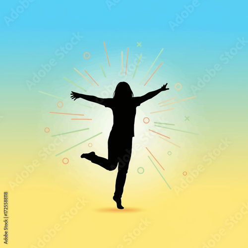 Joyful silhouette of a woman leaping with open arms against a vibrant gradient background, celebrating freedom and achievement with energetic bursts.