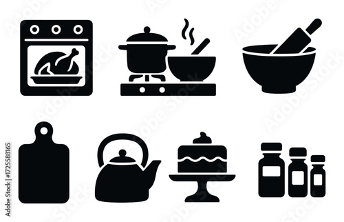 Kitchen utensil silhouettes: oven, pots, bowls, cutting board, kettle, cake, jars