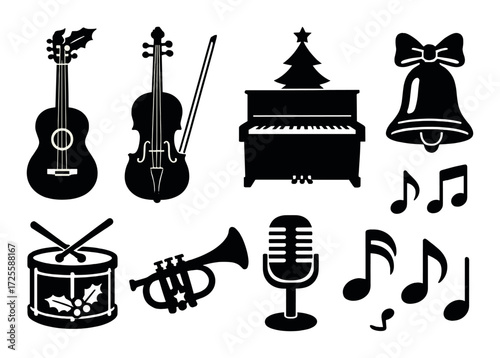Musical instruments and holiday symbols silhouette collection