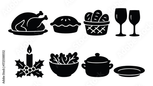 Festive holiday meal icons: turkey, pie, bread, wine, candle, salad, pot, plate