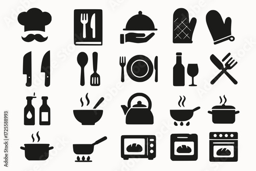 Minimalist Kitchen Icon Grid with Culinary Silhouettes in Clean Black Vector Style