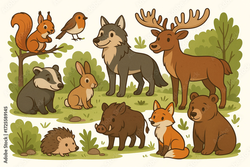 Obraz premium Cartoon European Woodland Animal Set in Forest Scene with Playful Expressions and Earthy Tones