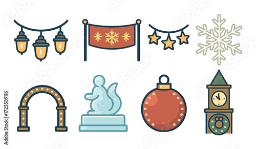Festive holiday decorations: lanterns, stars, snowflakes, and symbols