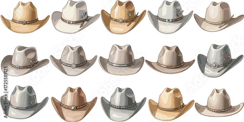 Cowboy hat collection, western fashion accessories, rustic headwear illustration, vintage style vector, country theme, stylish hats, rodeo culture, design set