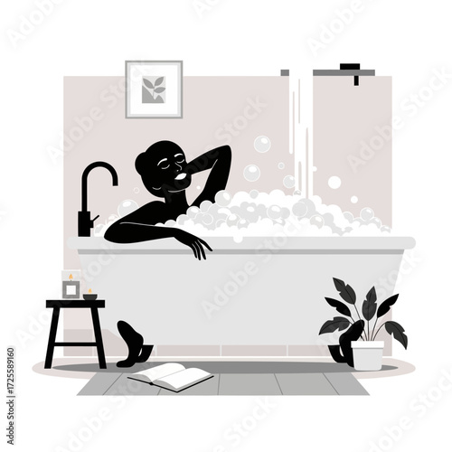 Serene woman luxuriating in a bubble bath, finding peaceful relaxation and self-care in a tranquil home spa environment
