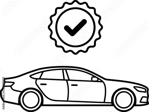 Modern sedan car with approved stamp icon simple line art symbol for quality assurance and approval vector