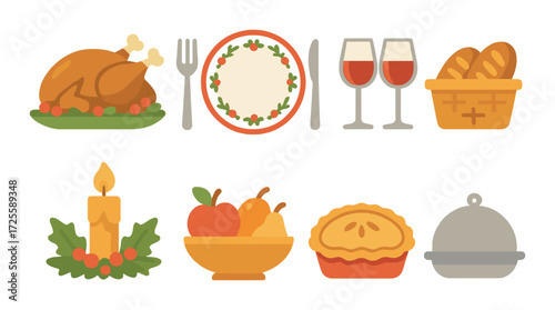Festive thanksgiving dinner icons with turkey, pie, and candlelight