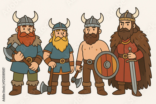 Cartoon Viking Warrior Lineup with Distinct Weapons, Beards, and Historical Attire