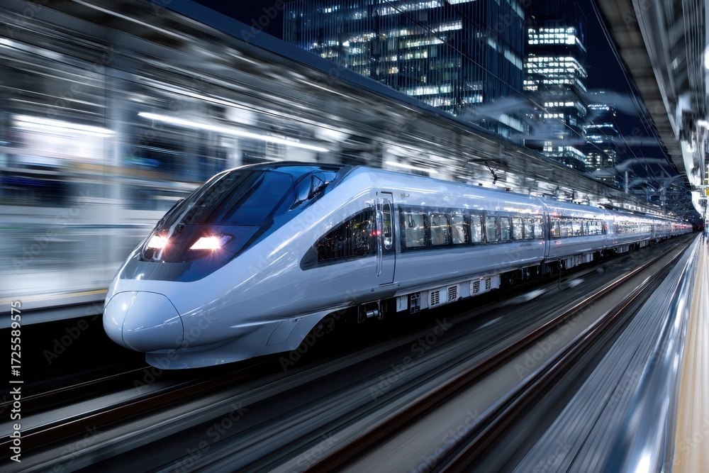 Fototapeta premium High Speed Train Passing City Buildings at Night