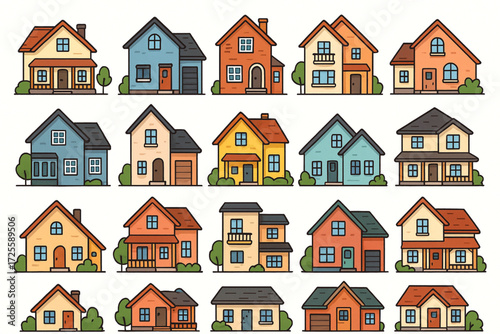 Cartoon Residential House Grid with Diverse Architecture, Colorful Designs, and Urban Vector Style
