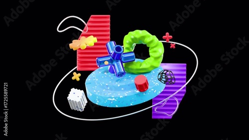 Playful 3D Abstract Composition on White Background with Geometric and Organic Shapes