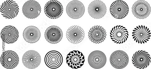 Spiral pattern collection, radial symmetry design, abstract circular motifs, black and white vector, geometric swirl art, optical illusion graphic