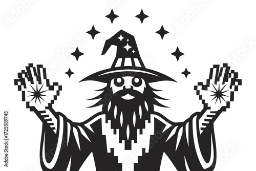 Black silhouette depicts wizard wearing hat, flowing robes, and pixelated hands with stars
