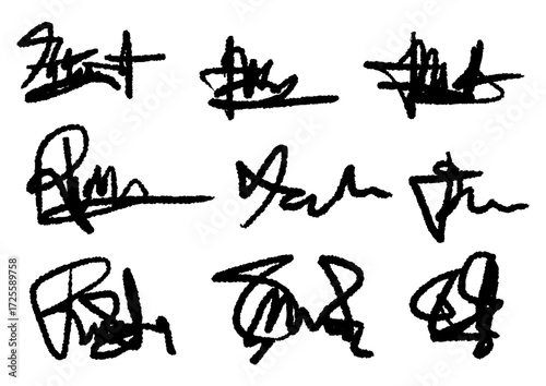 Collection of nine handwritten signatures or autographs in black ink on a white background, suggesting personal identity and unique writing styles