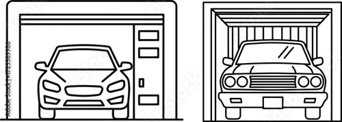 Modern and vintage cars parked inside garage doors showing different styles vector