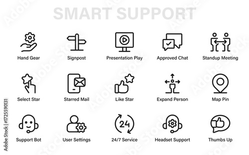 Smart support and communication icon set with mail, chat, meeting, settings, navigation, and service symbols for modern business and teamwork design