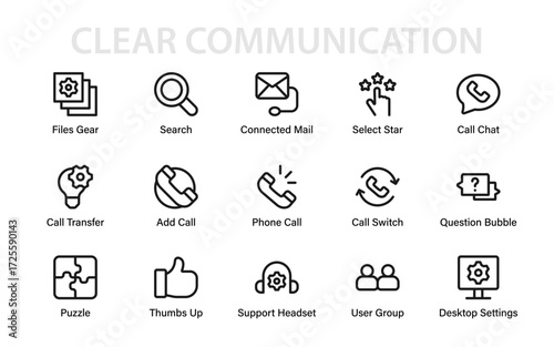Clear communication icons with phone, chat, support, mail, teamwork, and settings line symbols, perfect for modern business and digital service design