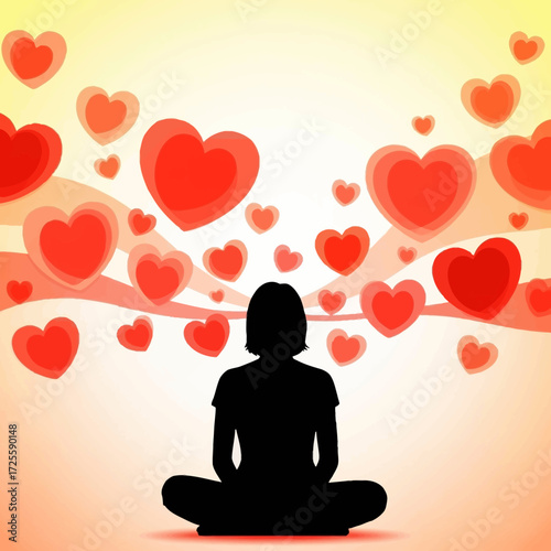 Serene silhouette meditating amidst a vibrant cascade of floating red hearts, radiating love and peace