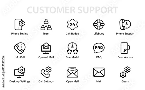 Professional customer support and service essentials icon set featuring star medal, FAQ, mail, call, lifebuoy, 24h badge, settings, and desktop tools