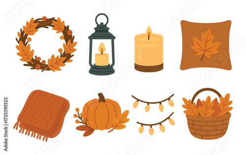 Cozy autumn decor collection with candles, leaves, lantern, and pumpkin elements