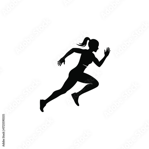 Dynamic silhouette of a female runner in motion, showcasing athleticism and determination during a sprint.