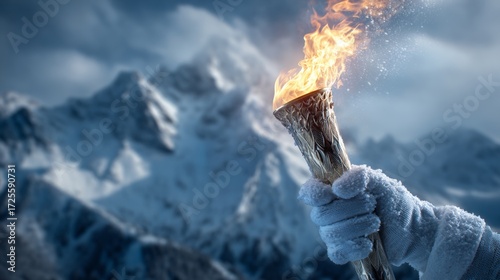 A white-gloved hand holds the burning Olympic torch against a backdrop of snow-capped mountains, a concept of the Winter Olympics in Italy.
