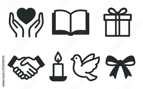 Icons of love, knowledge, gift, peace, unity, candle, bird, ribbon on black background