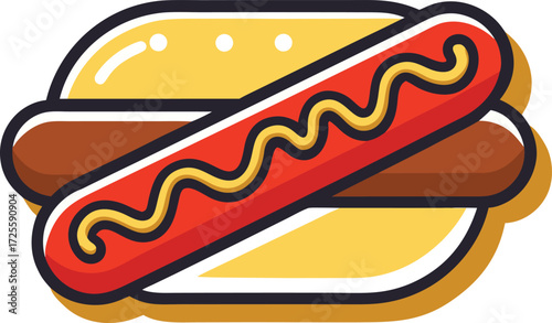 Vector art of hot dog with mustard fast food, sausage, bun, ketchup, relish, onion, pickle, tomato, lettuce, cheese, bacon, and mayonnaise