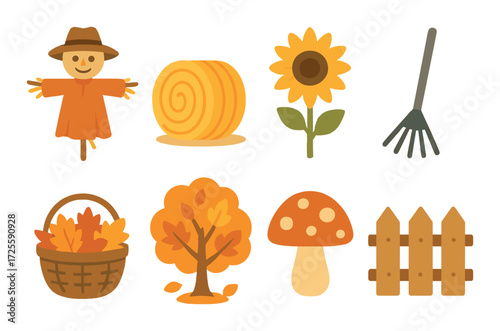 Autumn harvest icons with scarecrow, hay bale, sunflower, and fall leaves