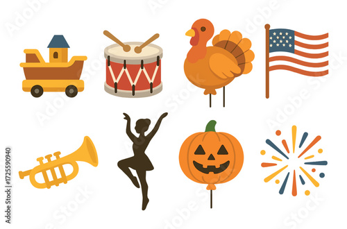 Thanksgiving parade icons: turkey, drums, pumpkin, flag, trumpet, dancer, fireworks