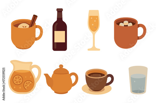 Warm and chilled beverages: tea, coffee, wine, cocktails, juice, and water illustrations