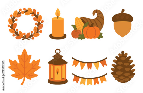Autumn symbols: leaves, candle, cornucopia, acorn, lantern, banners, pinecone