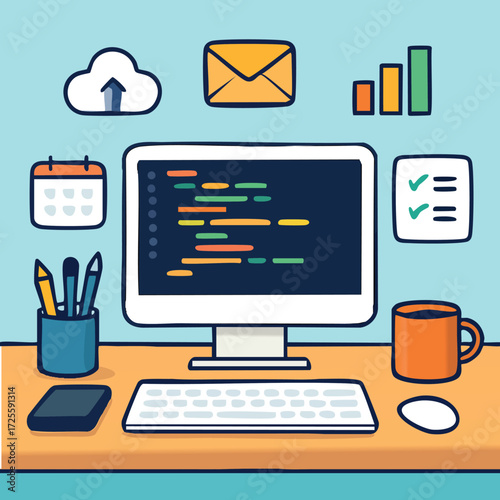 Modern Coding Workspace – Developer Desk Setup with Computer, Laptop, and Programming Screens
