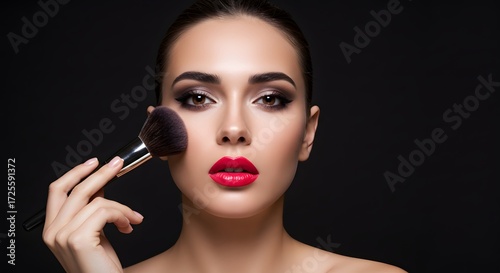A Stunning Woman Applying Makeup with a Brush, Beauty and Fashion Studio Shot