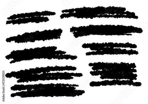 Collection of black hand-drawn scribbles and artistic brush strokes, ideal for graphic design elements and abstract backgrounds