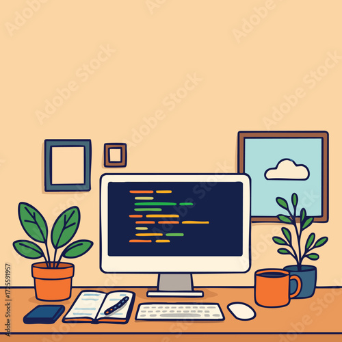 Modern Coding Workspace – Developer Desk Setup with Computer, Laptop, and Programming Screens