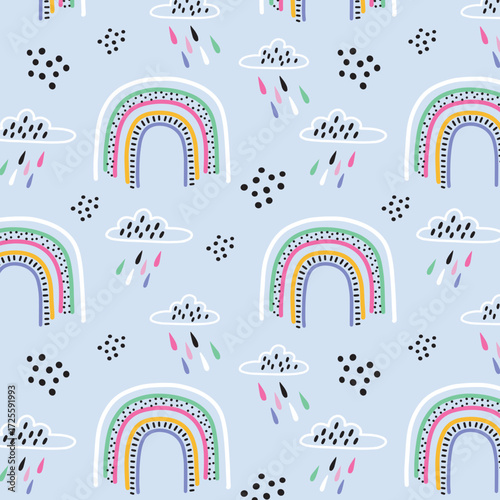 Cute scandinavian childish seamless pattern with trendy hand drawn rainbows in naive art style, can be used as kids texture for fabrics, textile, wallpaper, apparel etc, vector illustration
