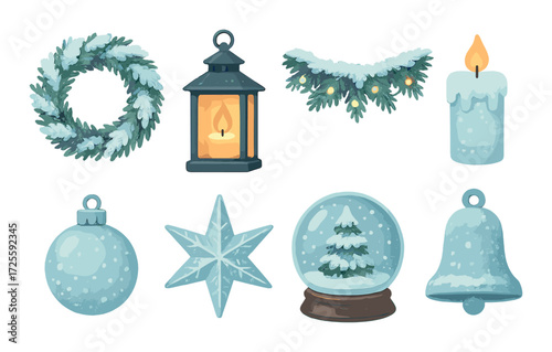 Winter holiday decor: wreath, lantern, lights, candle, ornaments, snow globe, and bell