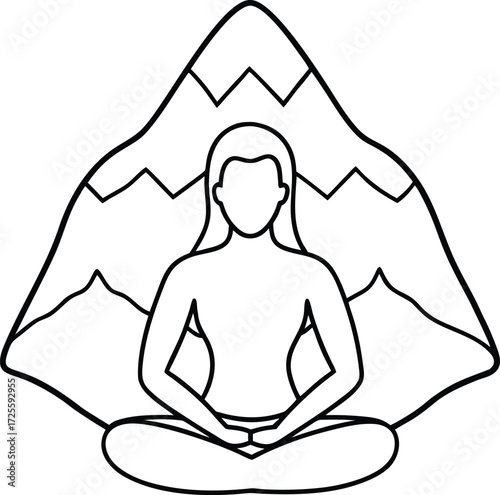 Illustration of a person meditating in front of a mountain, symbolizing peace, mindfulness, and nature, suitable for designs related to wellness
