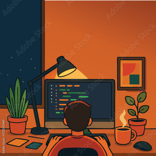 Modern Coding Workspace – Developer Desk Setup with Computer, Laptop, and Programming Screens