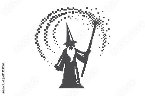Black wizard silhouette wearing a hat and casting pixelated spells with a wand