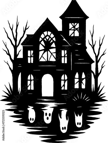 Abandoned mansion with shattered stained glass windows silhouette vector with white background 
