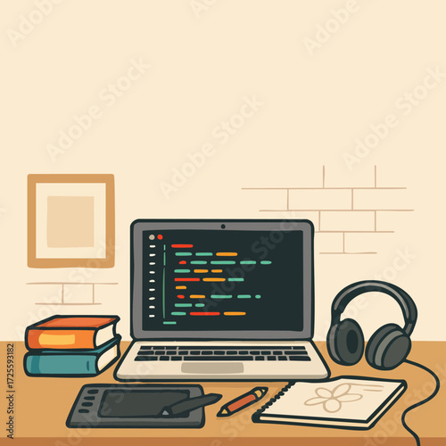 Modern Coding Workspace – Developer Desk Setup with Computer, Laptop, and Programming Screens