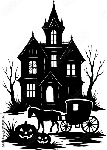black and white silhouette of Haunted Victorian home with carriage parked outside vector with white background 