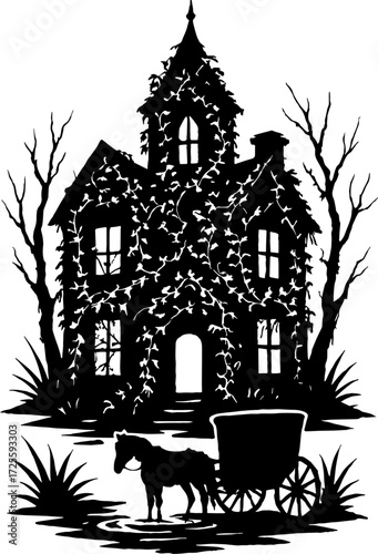 Dark mansion with overgrown vines covering the walls silhouette Vector with white background 
