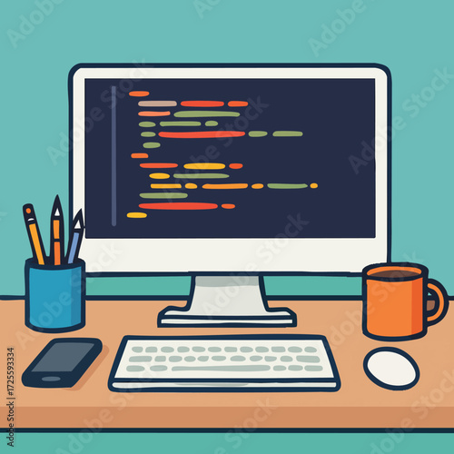 Modern Coding Workspace – Developer Desk Setup with Computer, Laptop, and Programming Screens