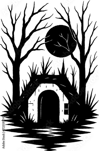Haunted underground bunker entrance hidden in forest silhouette vector with white background 