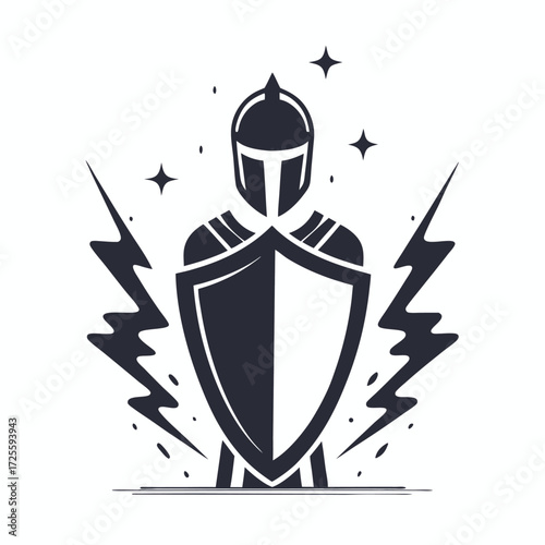 Brave warrior shields himself amid lightnings and stars, exhibiting strength in monochrome