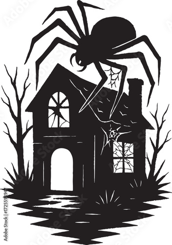 House silhouette with giant spider crawling on roof – horror fantasy silhouette vector with white background 